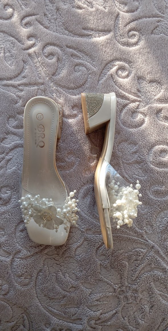 Beyaz Boncuklu Düğün Terliği Blok Topuk - Görsel 2