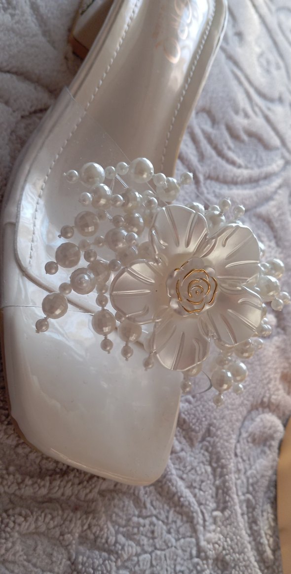 Beyaz Boncuklu Düğün Terliği Blok Topuk - Görsel 3