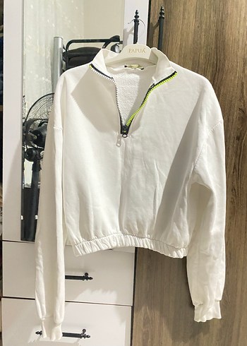 Beyaz Yarım Fermuarlı Yüksek Yaka Kadın Sweatshirt - Görsel 2