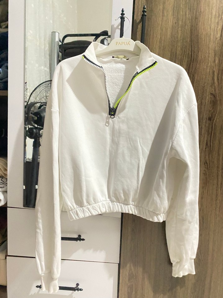 Beyaz Yarım Fermuarlı Yüksek Yaka Kadın Sweatshirt - Görsel 2