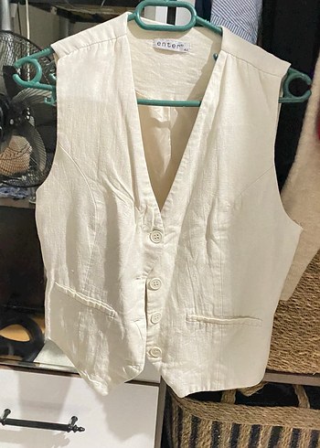 Düğmeli Beyaz Keten Kadın Yelek - Görsel 2