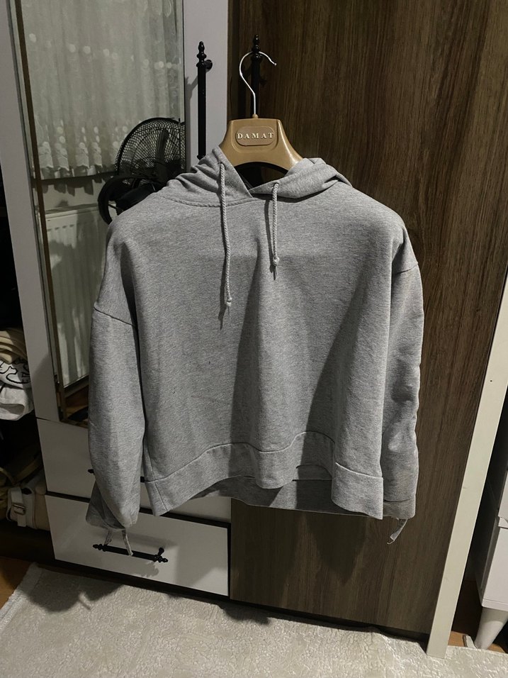 Gri Kapüşonlu Salaş Sweatshirt - Görsel 2