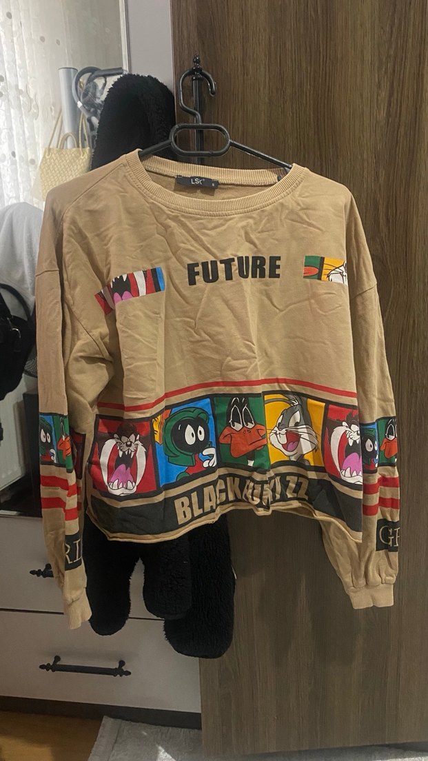 Düğmeli Baskılı Kahverengi Oversize Sweatshirt - Görsel 2