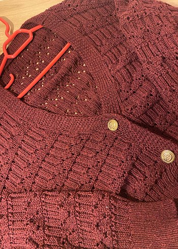 Bordo Örgü Kadın Hırka V Yaka - Görsel 4