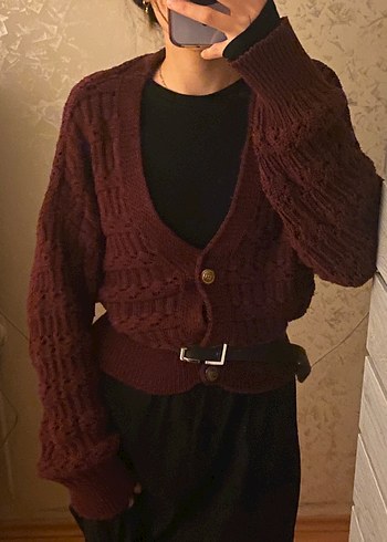 Bordo Örgü Kadın Hırka V Yaka - Görsel 2