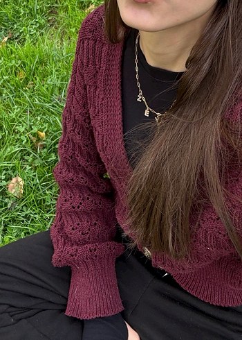 Bordo Örgü Kadın Hırka V Yaka - Görsel 3