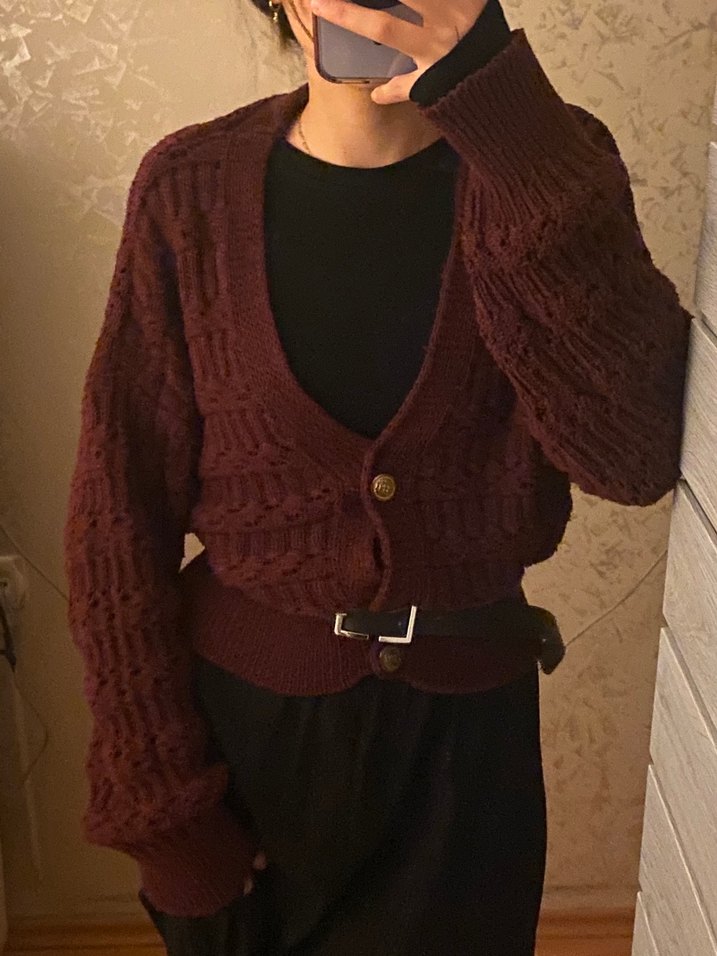 Bordo Örgü Kadın Hırka V Yaka - Görsel 2