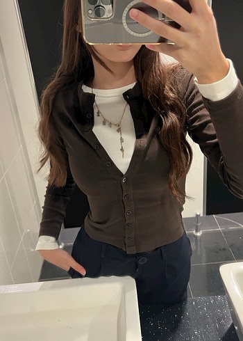 Düğmeli Kahverengi bluz Hırka - Görsel 3