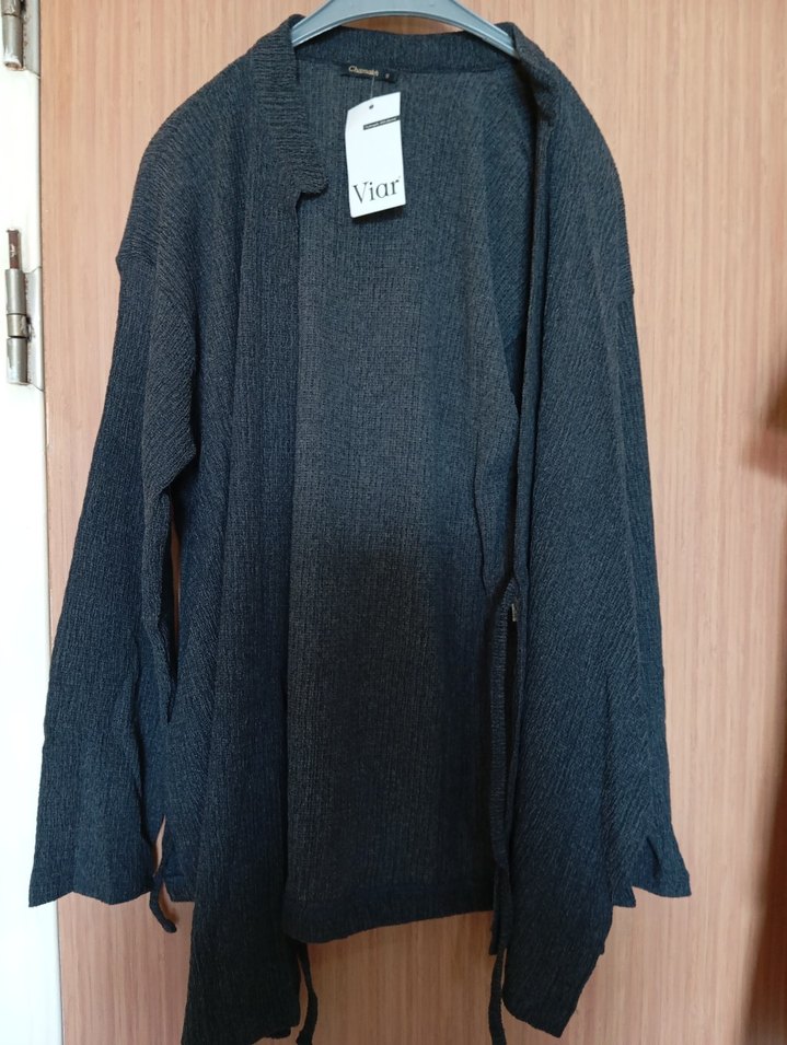 Gri Uzun Kollu Triko Kadın Hırka - Görsel 2