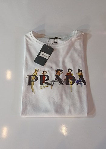 Beyaz Pamuklu Prada Baskılı Erkek Tişört