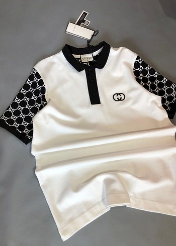 Gucci Erkek Beyaz Siyah Desenli Polo Tişört