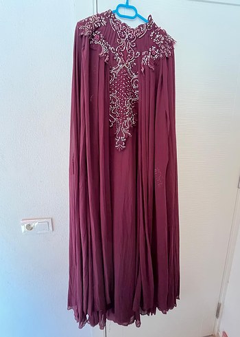 Abiye Bordo İşlemeli Uzun Kollu Drape Abiye Elbise