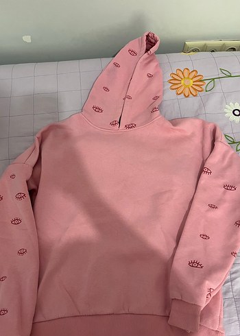 Pembe Kapüşonlu Rahat Sweatshirt