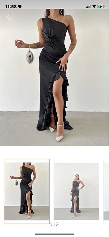 siyah fırfırlı tek omuz saten abiye elbise