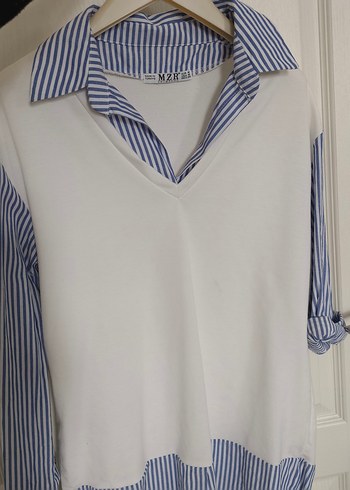 V Yaka Gri Çizgili Pamuklu Kadın Gömlek - Görsel 2