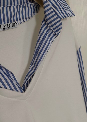 V Yaka Gri Çizgili Pamuklu Kadın Gömlek - Görsel 3