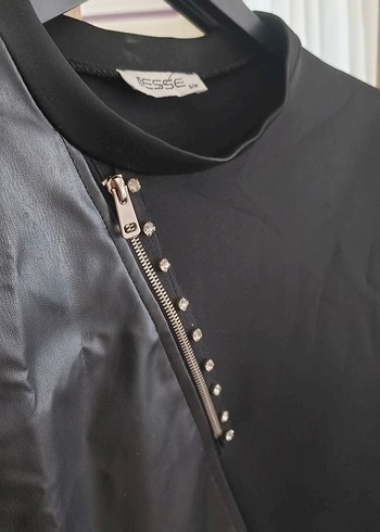 Fermuarlı Uzun Kollu Siyah Deri Tunik - Görsel 3