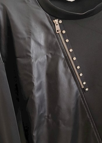 Fermuarlı Uzun Kollu Siyah Deri Tunik - Görsel 2