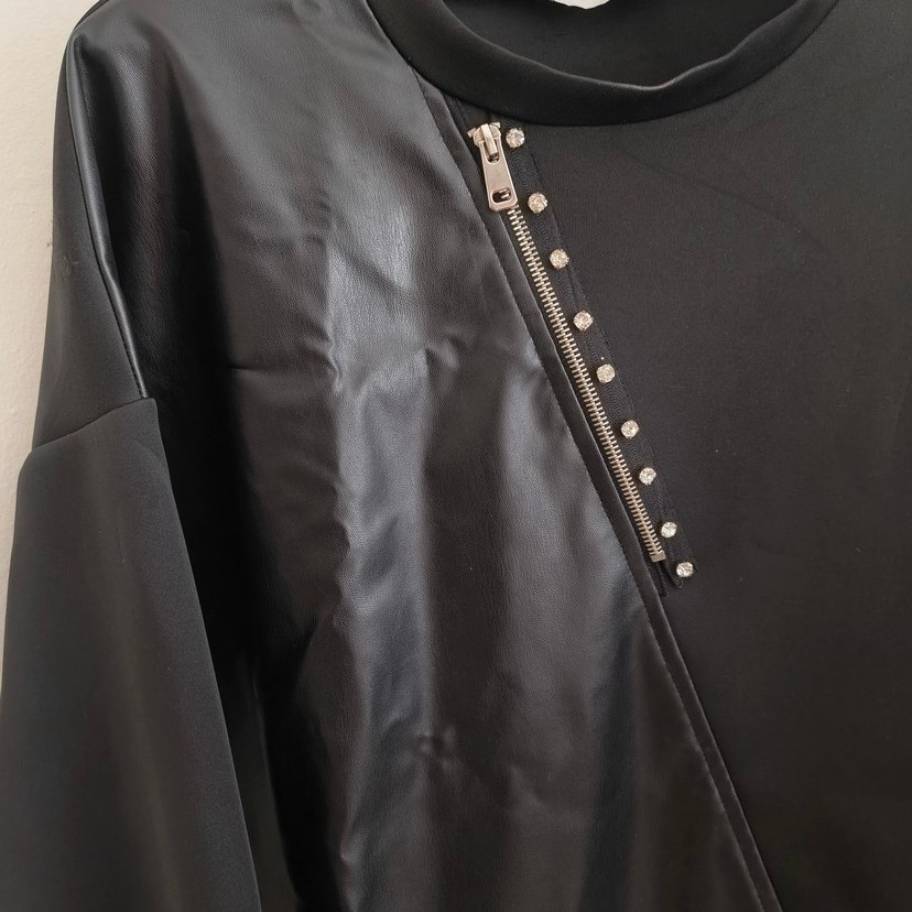 Fermuarlı Uzun Kollu Siyah Deri Tunik - Görsel 2