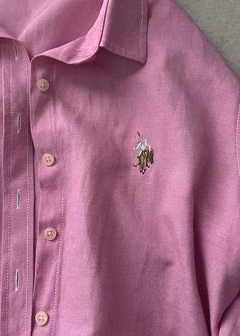 Düğmeli Pembe Kadın Keten Gömlek - Görsel 2