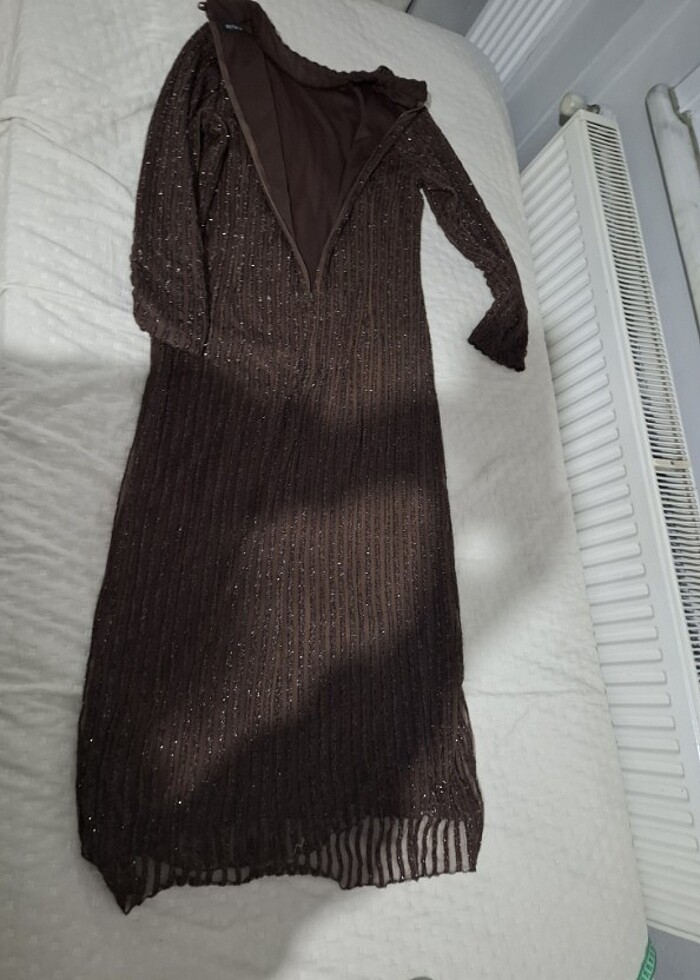 Kahverengi simli elbise  - Görsel 5