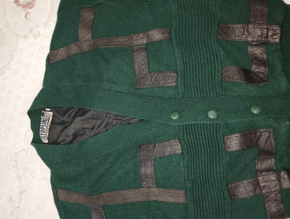 Düğmeli Yeşil Deri Detaylı Erkek Hırka vintage - Görsel 2