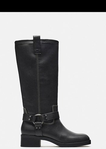 Zara Kadın Siyah Deri Tokalı Dizüstü Biker Çizme