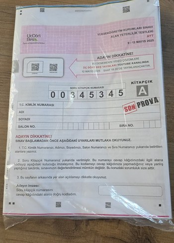 345 AYT + TYT Sınav A/B Kitapçığı PAKETLİ VE OPTİKLİ