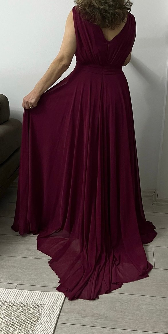 Bordo Drapeli V Yaka Uzun Abiye Elbise - Görsel 2