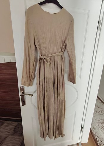 Bej Pilili Uzun Keten Elbise - Görsel 3