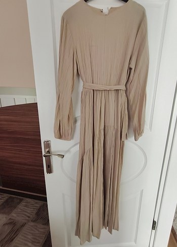 Bej Pilili Uzun Keten Elbise - Görsel 4