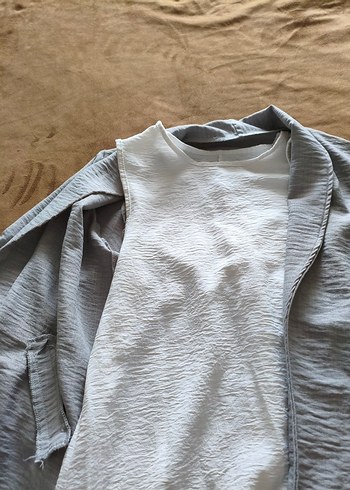 Gri Uzun Kollu Keten Kadın Takım. - Görsel 5