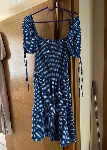 Mavi Pile Detaylı Strappy Midi Elbise