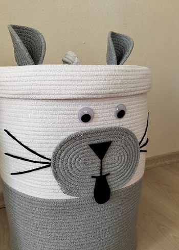 Beden Gri ve Beyaz Kedi Desenli Saklama Sepeti
