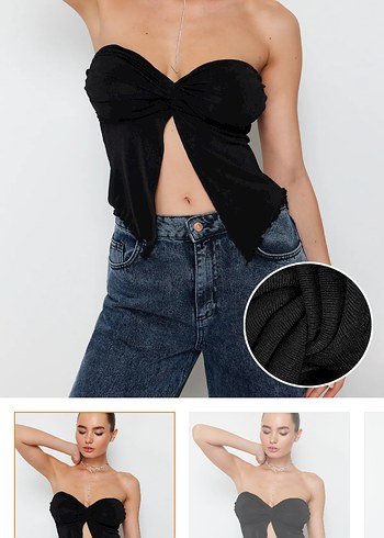 Siyah Drapeli Askısız Mini Denim Bluz