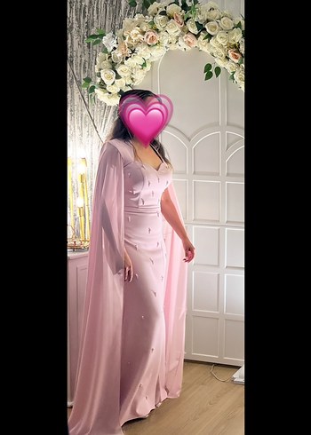 Pembe Drapeli İşlemeli Uzun Abiye Elbise - Görsel 2