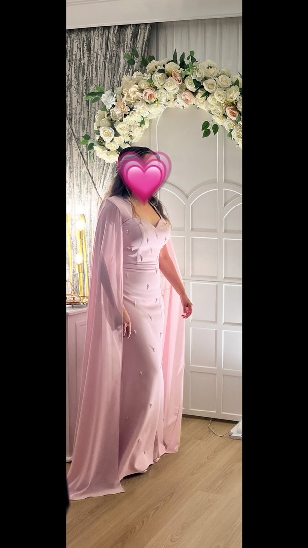 Pembe Drapeli İşlemeli Uzun Abiye Elbise - Görsel 2