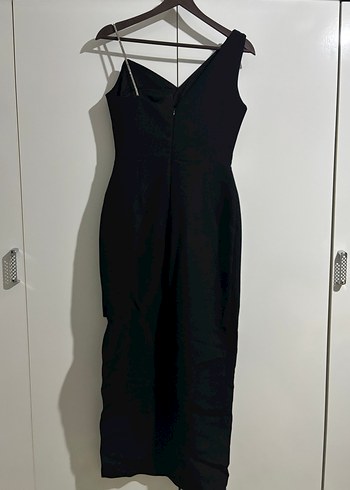 Siyah V Yaka Asimetrik Midi Elbise - Görsel 3