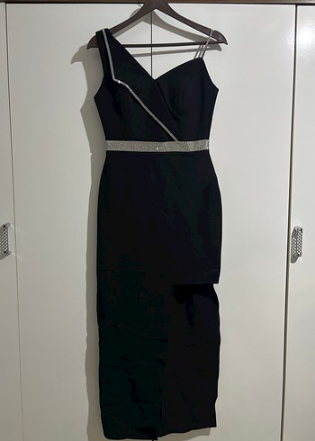 Siyah V Yaka Asimetrik Midi Elbise - Görsel 2