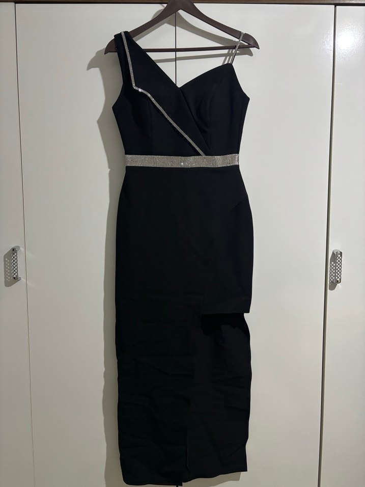 Siyah V Yaka Asimetrik Midi Elbise - Görsel 2