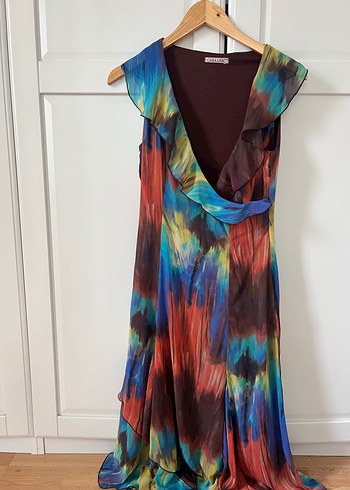 Vintage Kadın Çok Renkli Uzun Drapeli V Yaka Elbise - Görsel 2