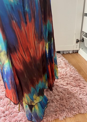 Vintage Kadın Çok Renkli Uzun Drapeli V Yaka Elbise - Görsel 4