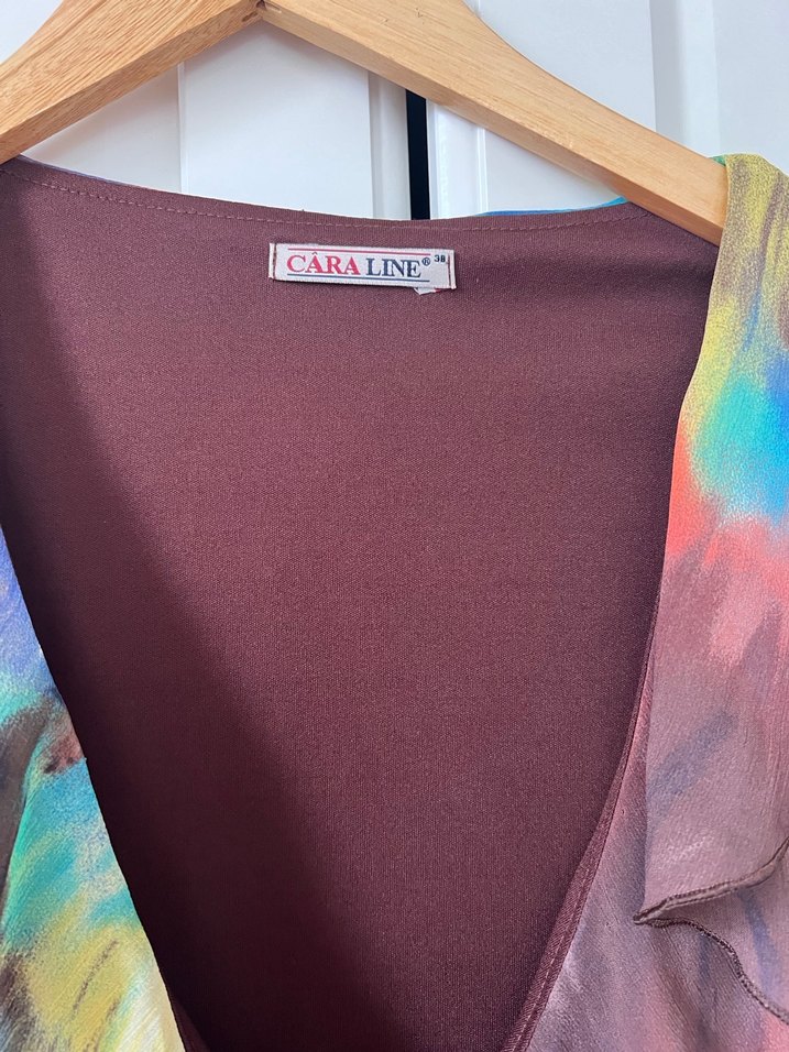 Vintage Kadın Çok Renkli Uzun Drapeli V Yaka Elbise - Görsel 5