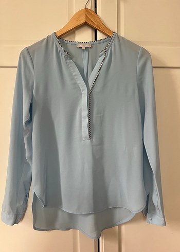 Uzun Kollu Mavi V Yaka Salaş Kadın Gömlek Twist - Görsel 2