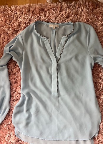 Uzun Kollu Mavi V Yaka Salaş Kadın Gömlek Twist - Görsel 5