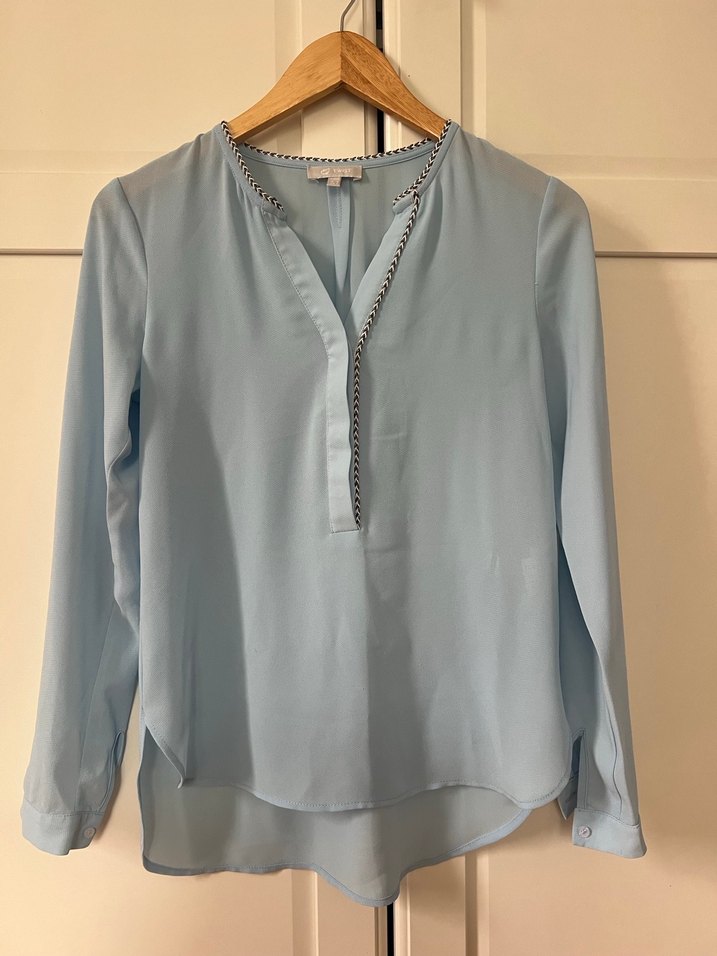 Uzun Kollu Mavi V Yaka Salaş Kadın Gömlek Twist - Görsel 2