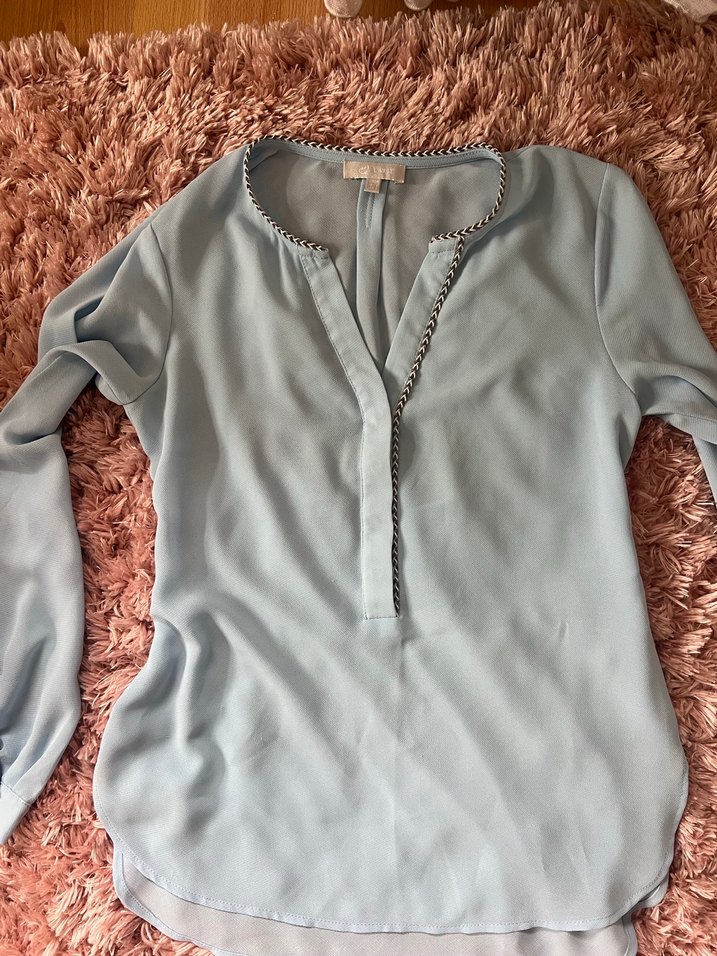 Uzun Kollu Mavi V Yaka Salaş Kadın Gömlek Twist - Görsel 5