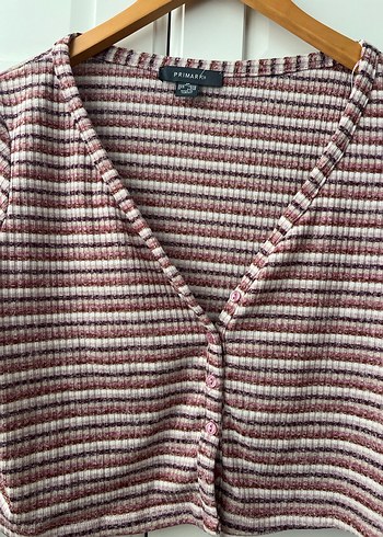 Primark Bordo Çizgili V Yaka Düğmeli Kadın Bluz - Görsel 2