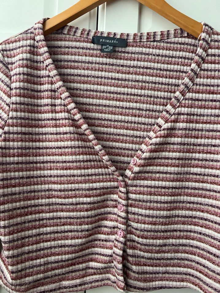 Primark Bordo Çizgili V Yaka Düğmeli Kadın Bluz - Görsel 2