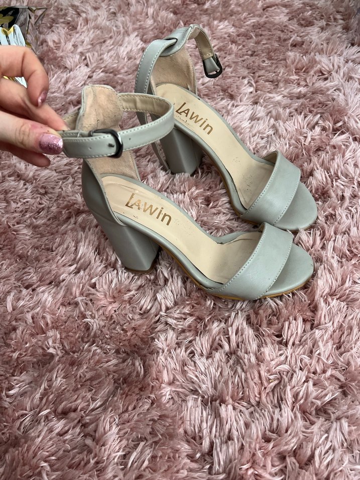 Gri/BejTokalı Blok Topuklu Kadın Abiye Ayakkabı - Görsel 2